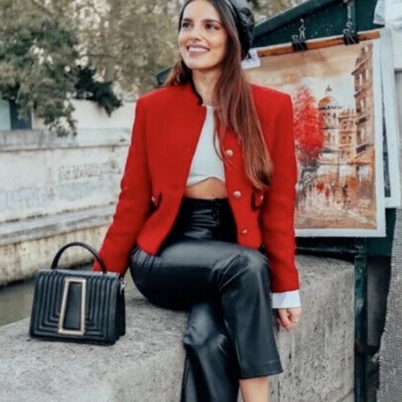 ZARA WOMAN NWT CROPPED TEXTURED WEAVE JACKET BLAZER RED 8236/795 M L - Picture 2 of 7